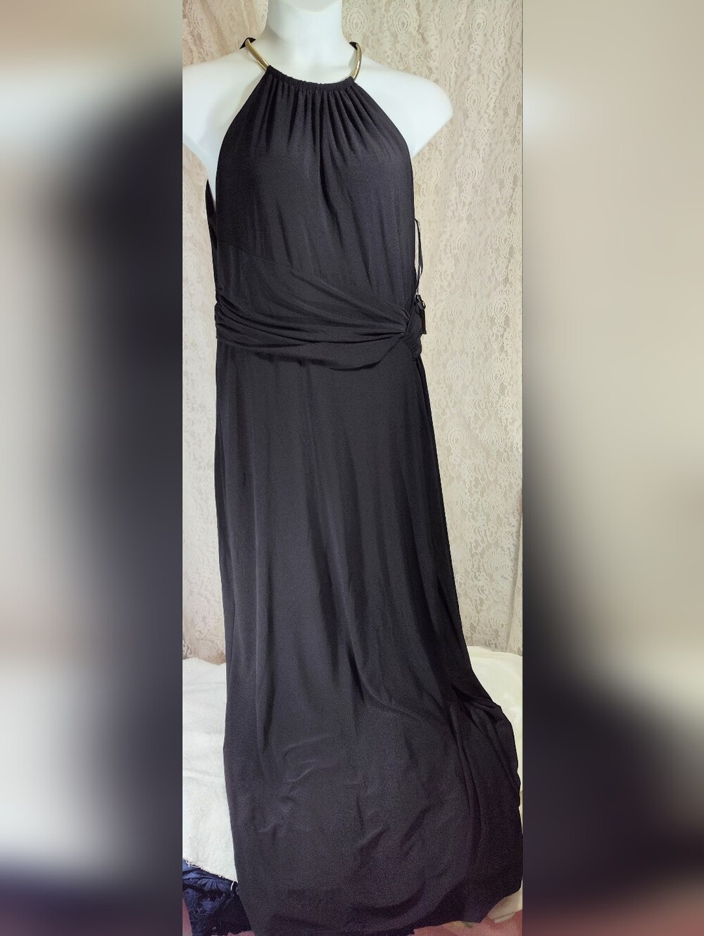 Nine West Black Halter Maxi Dress with Gold Neck Accents